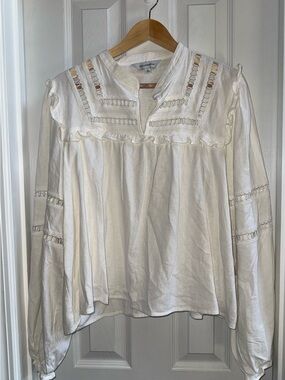 Calligraphie White Boho Pheasant Blouse XL NWOT Linen Eyelet Ruffle Flowy Beachy